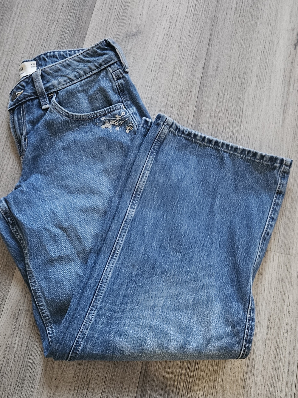 Hollister Classic Blue Denim Jeans with Floral Embroidery